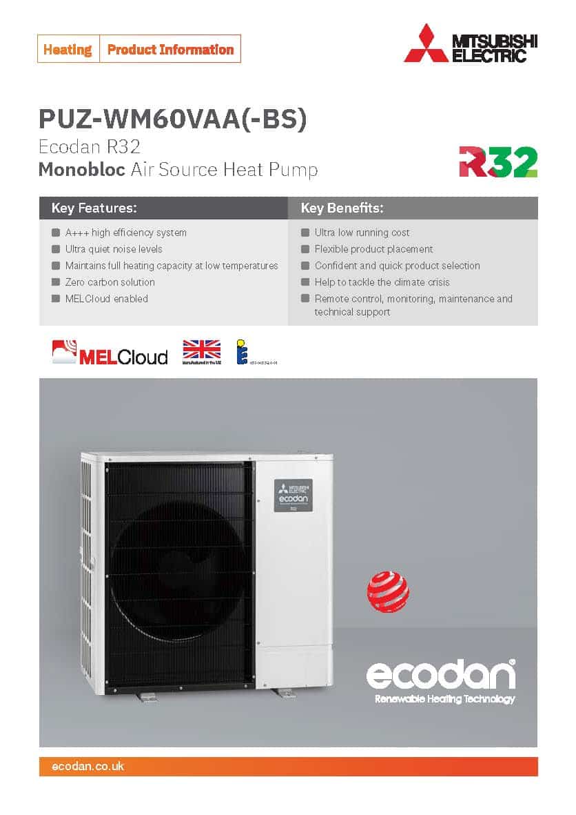 Ecodan R32 Monobloc Air Source Heat Pump PUZ-WM60VAA(-BS)