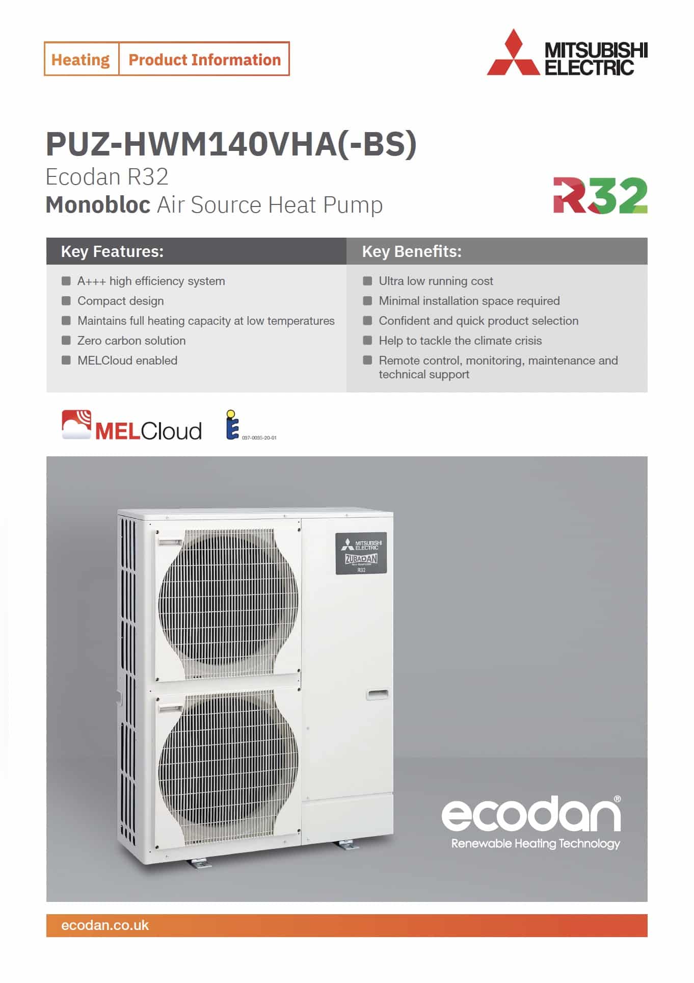 Ecodan R32 Monobloc Air Source Heat Pump PUZ-HWM140VHA(-BS)